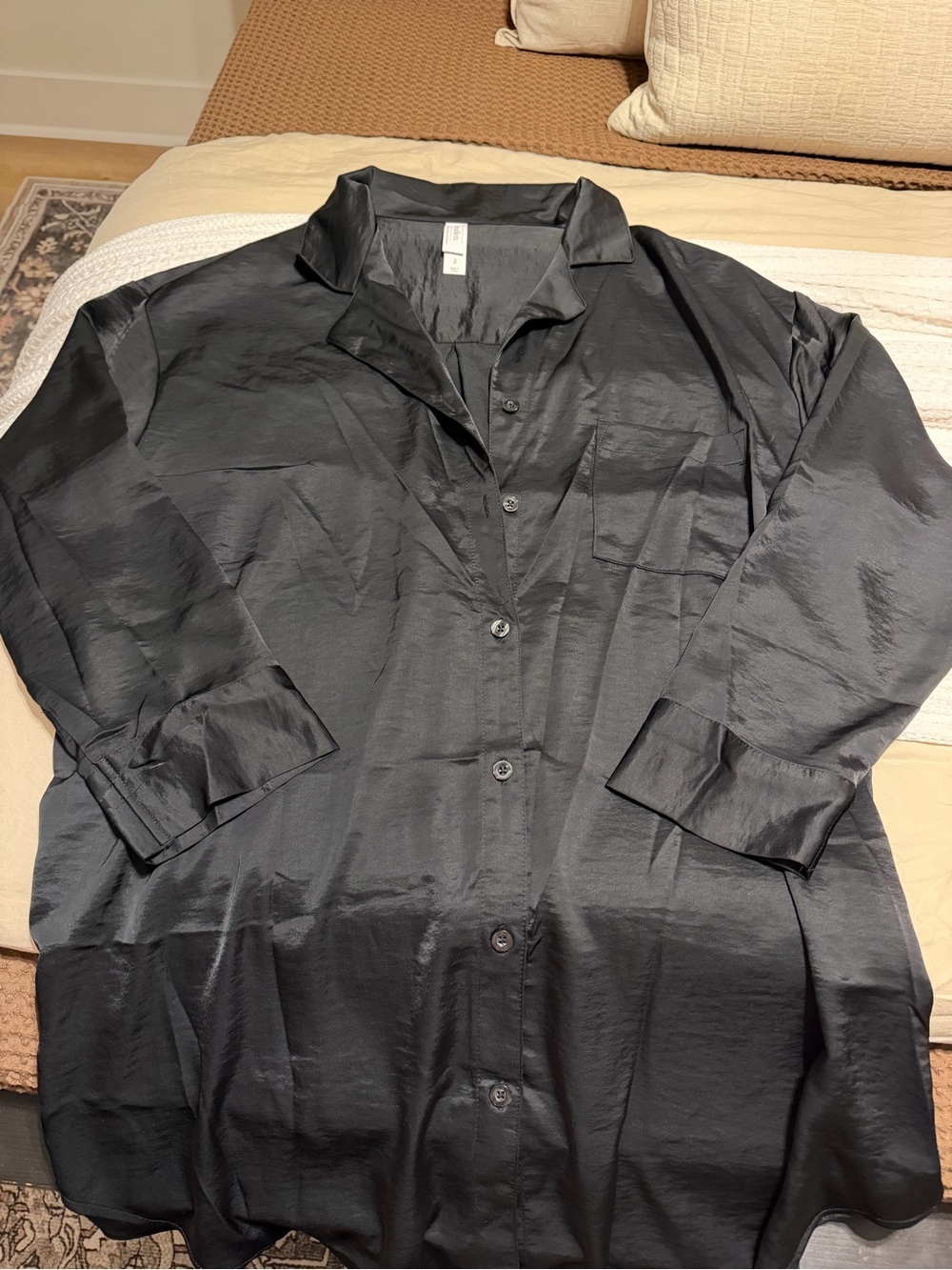 Auden Black Satin Long Sleeve Pajama Shirt